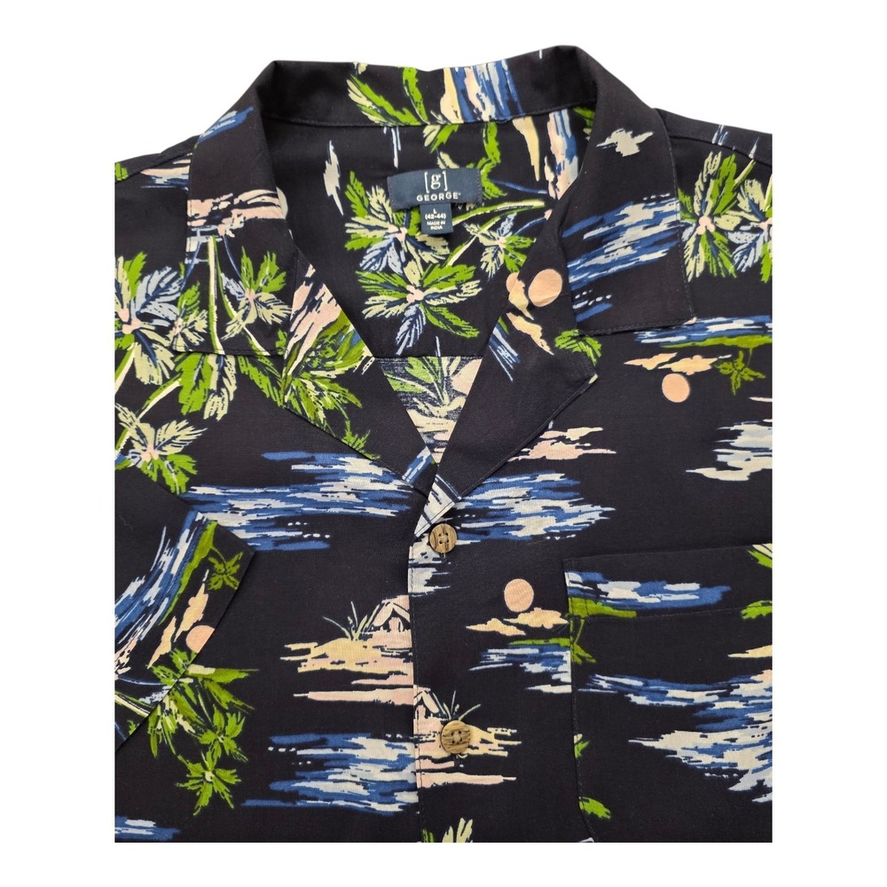 NWT George Hawaiian Short Sleeve Button Up Camp Shirt Men L Navy Tropical Print